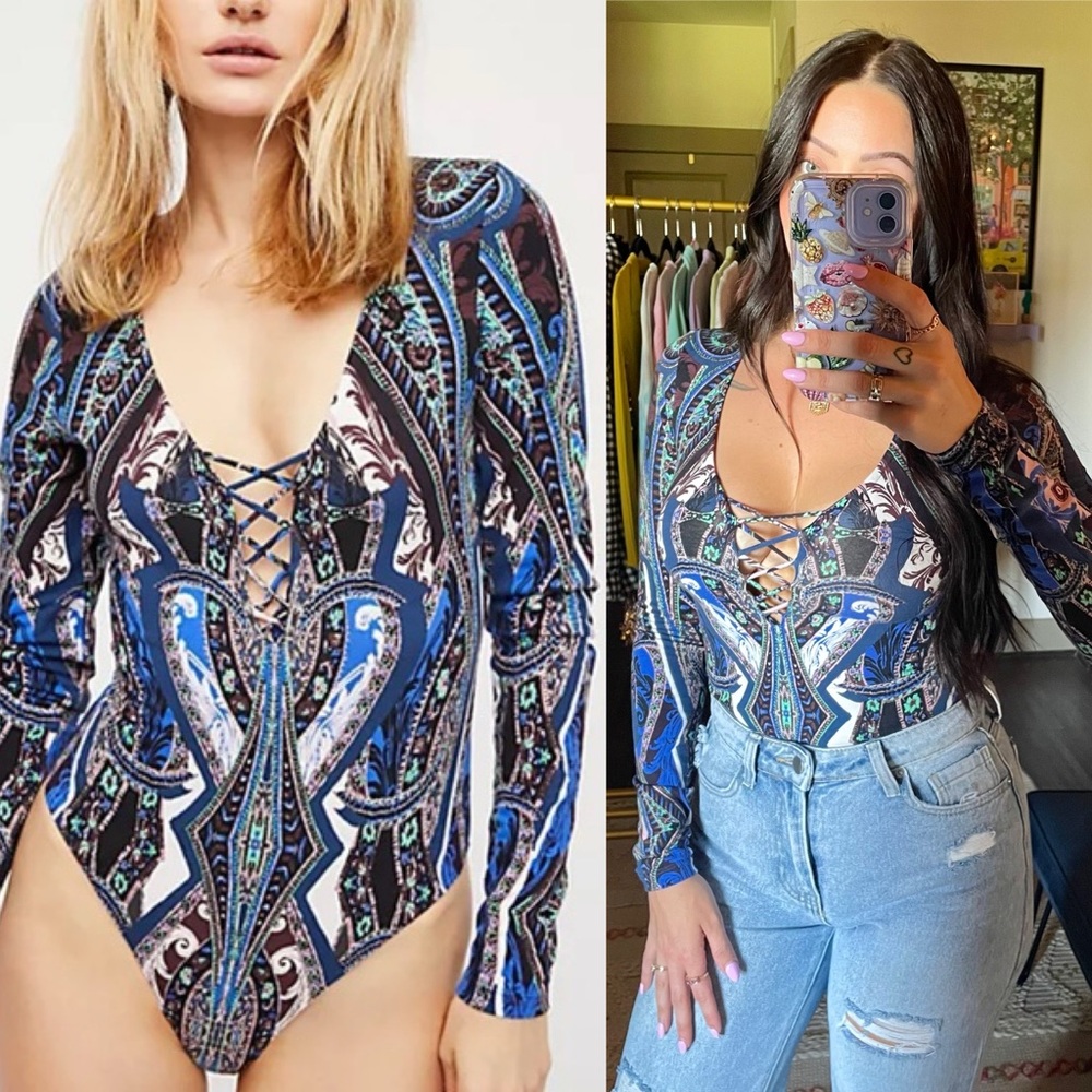 NEW Free People Blue Boho Lace-up Long Sleeve Bodysuit